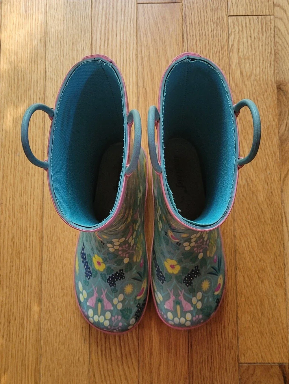 Girls' Floral Teal & Pink Landchief Rain Boots SIZE 1